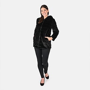 Tamsy Black Stripe Embossed Hooded Faux Fur Coat - S/M