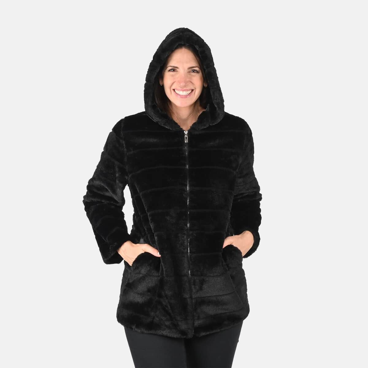 Tamsy Black Stripe Embossed Hooded Faux Fur Coat - S/M image number 3