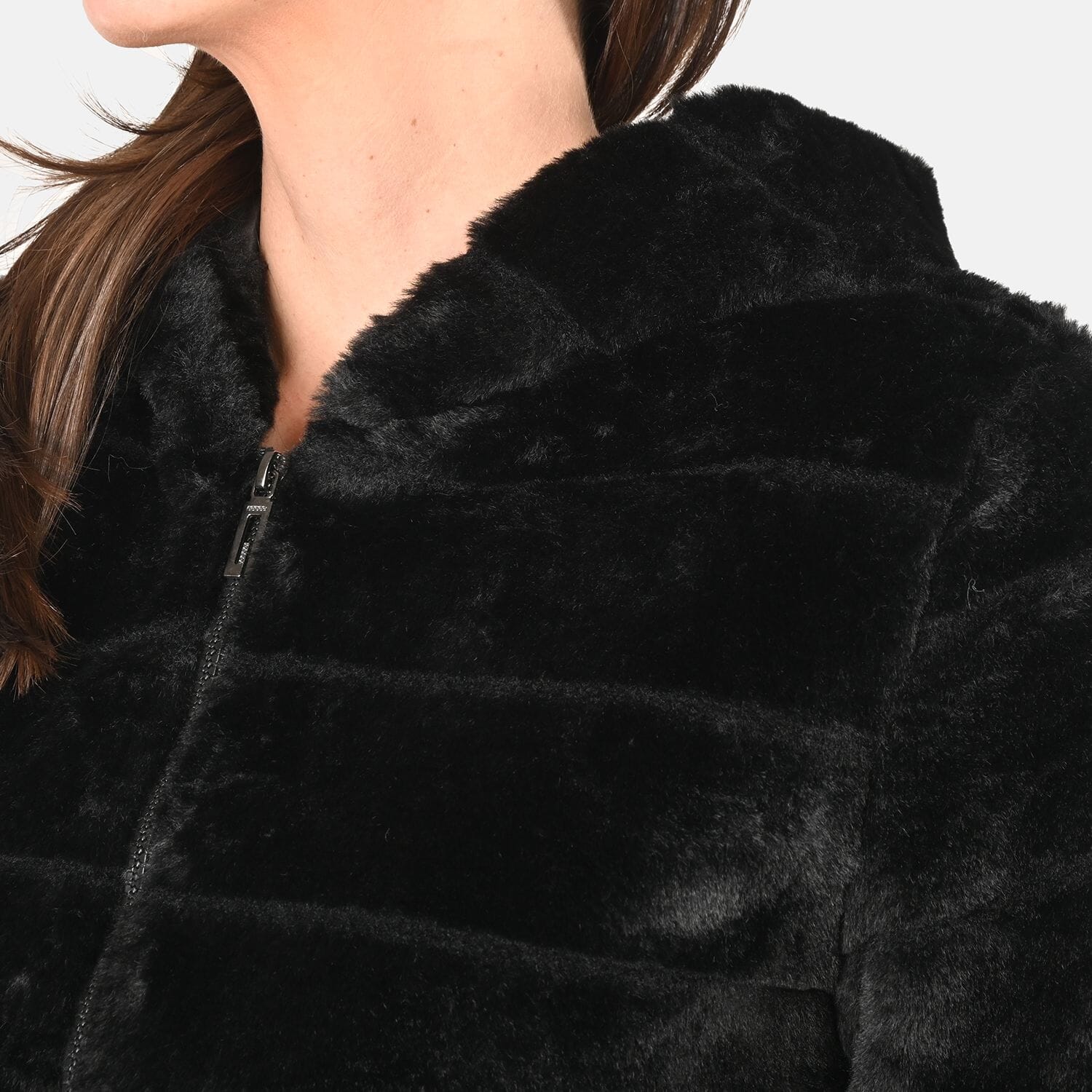 Black faux fur stripe hood puffer jacket sale