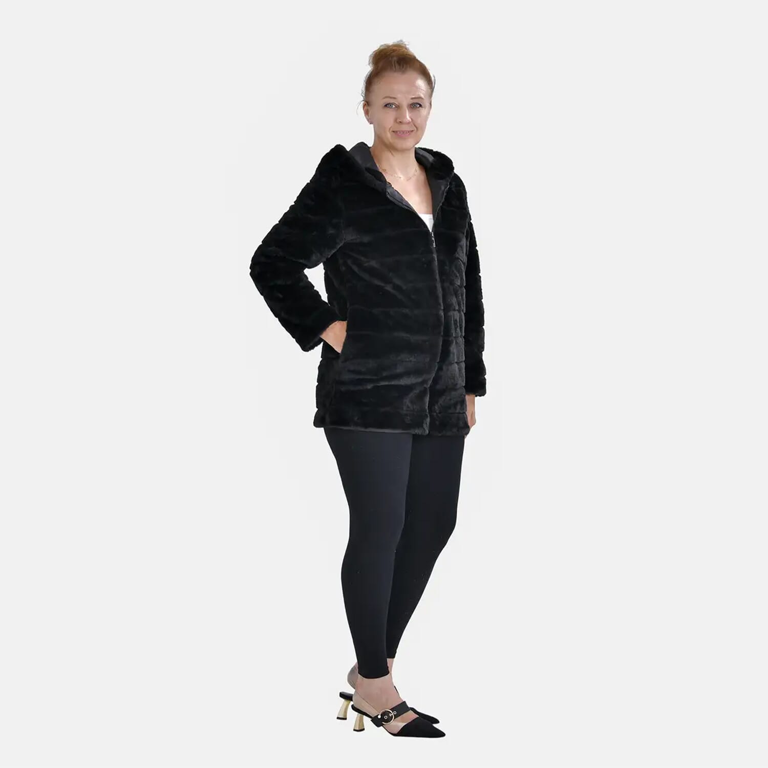 Black faux fur online stripe hood puffer jacket