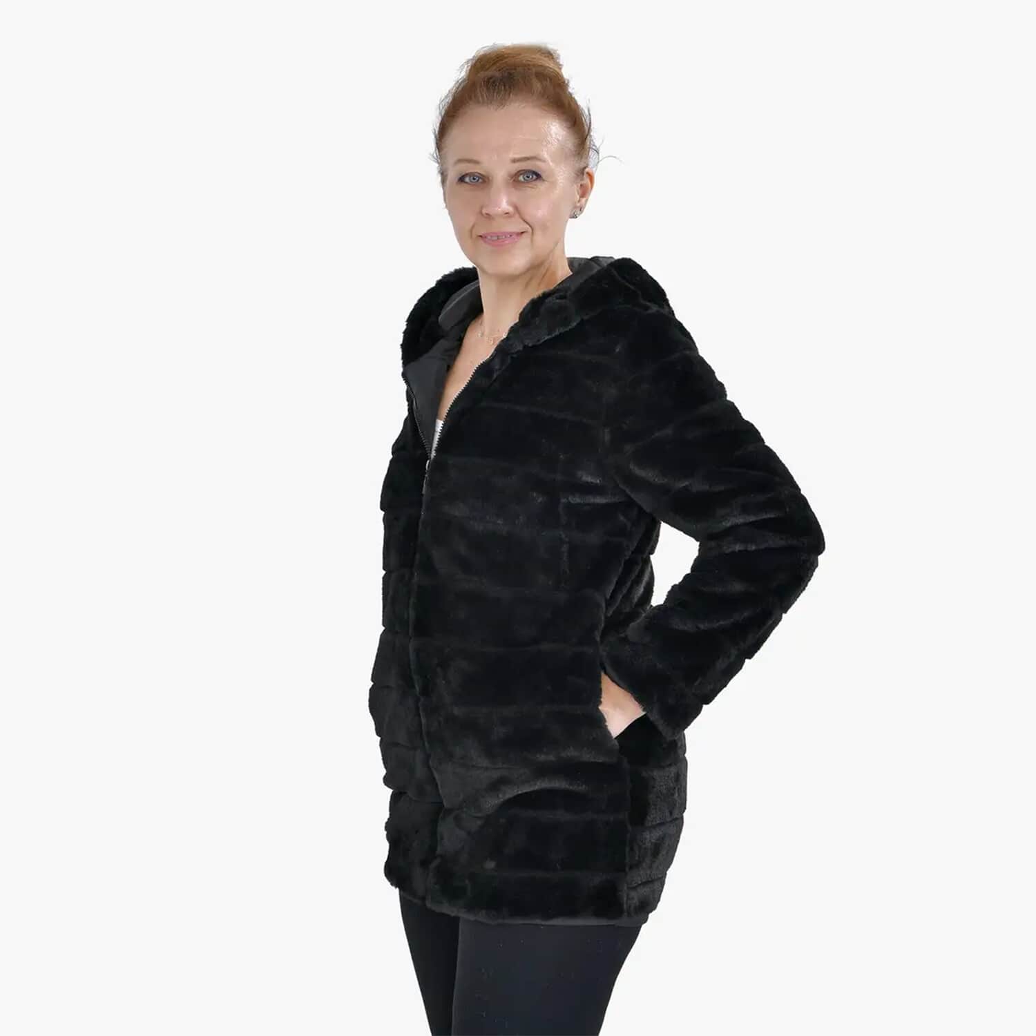 Buy Tamsy Black Stripe Embossed Hooded Faux Fur Coat - L/XL at ShopLC.