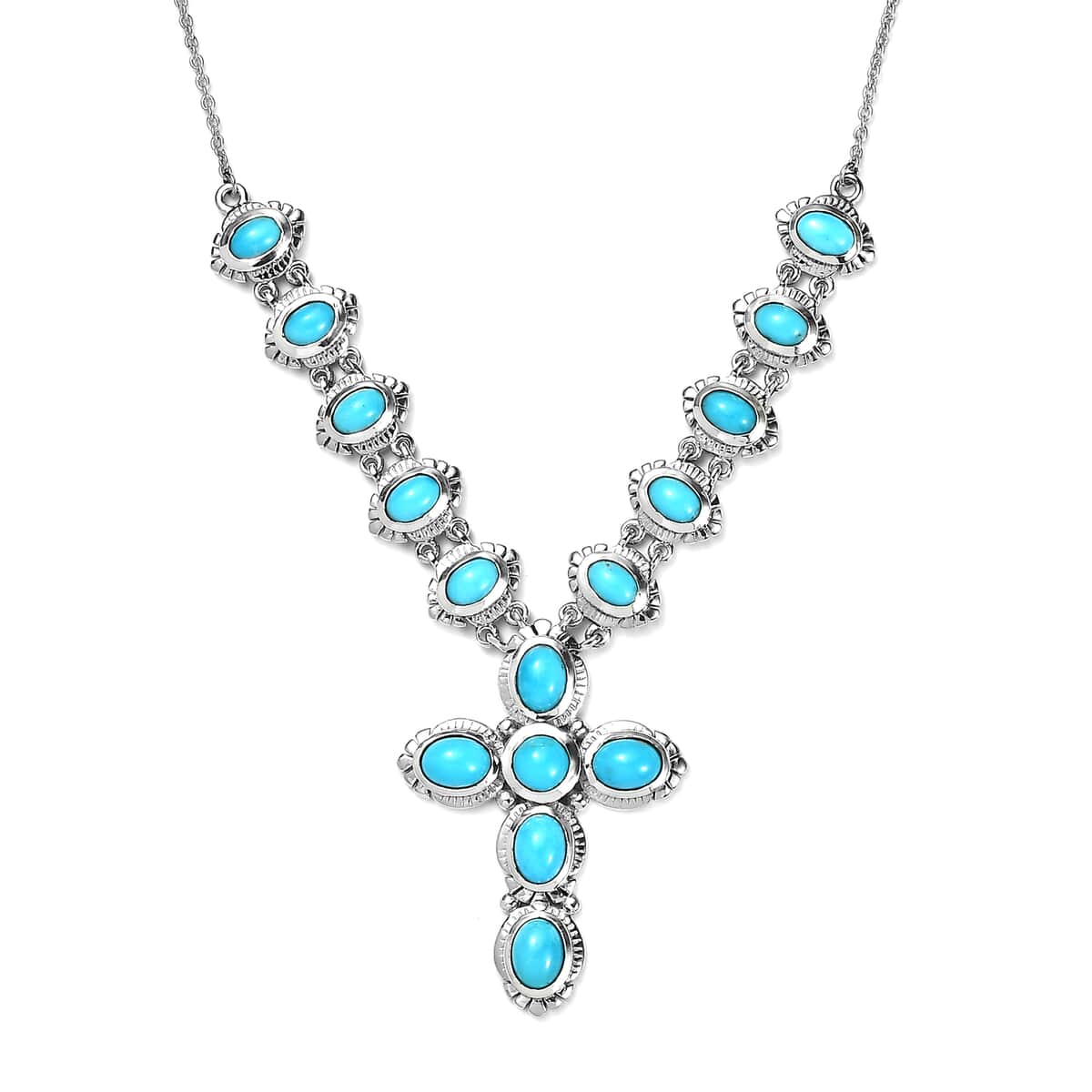 Sleeping Beauty Turquoise Cross Necklace 18 Inches in Platinum Over Sterling Silver 8.75 ctw image number 0