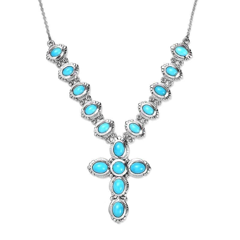Sleeping Beauty Turquoise Cross Necklace 18 Inches in Platinum Over Sterling Silver 8.75 ctw