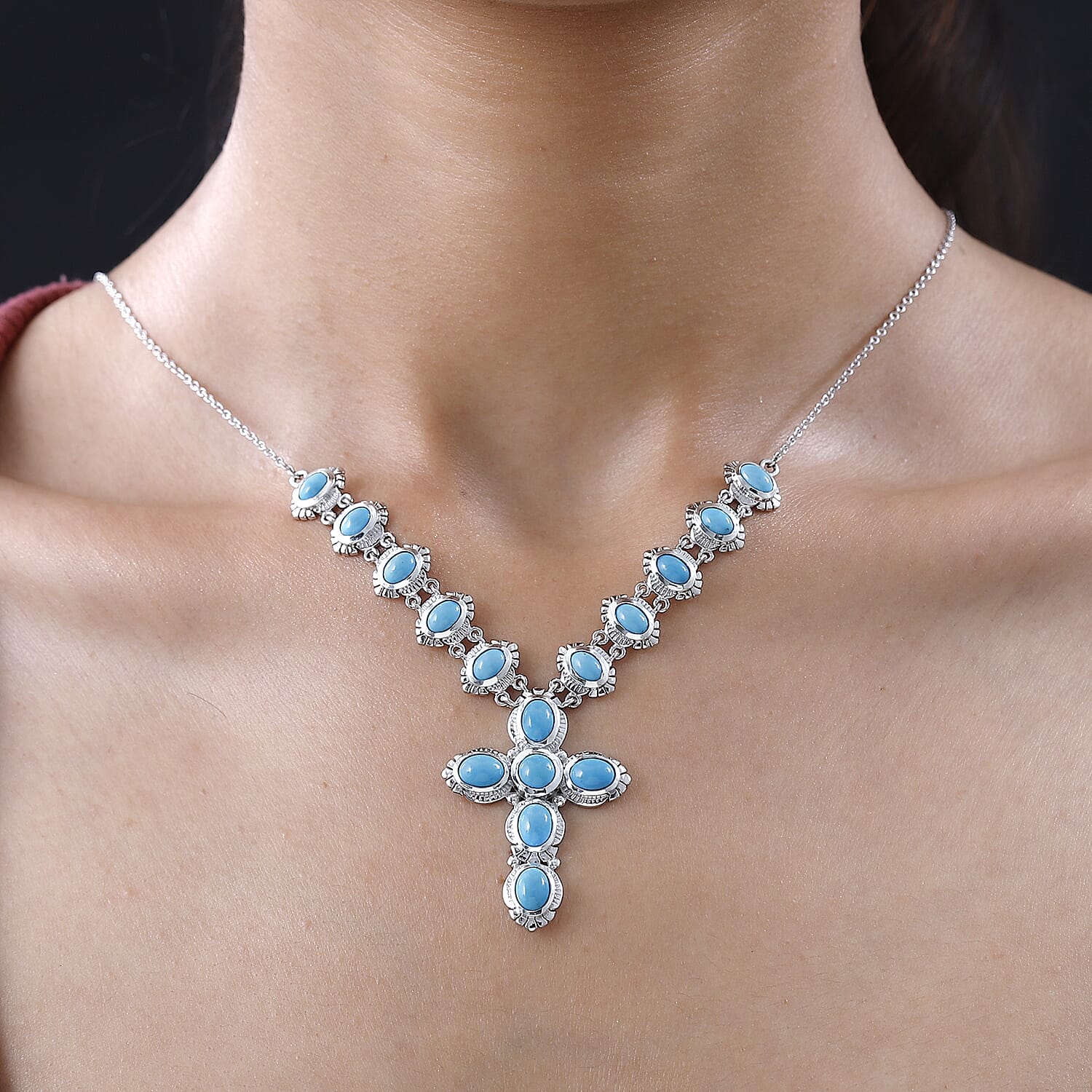 Sleeping Beauty Turquoise Cross Necklace 18 Inches in Platinum Over Sterling Silver 8.75 ctw