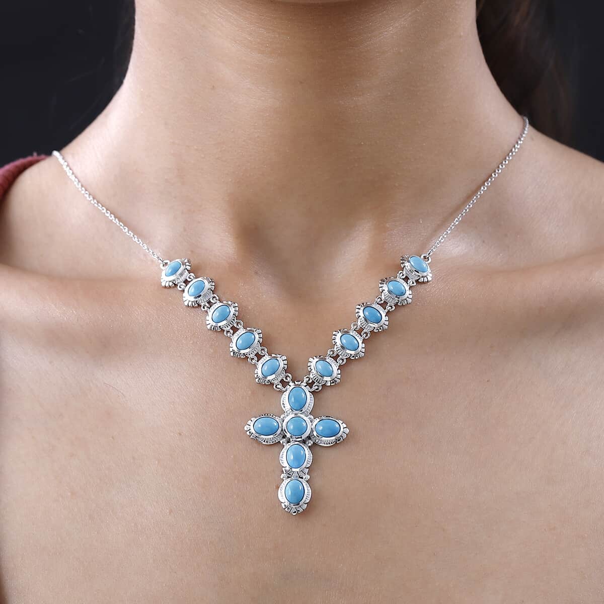 Sleeping Beauty Turquoise Cross Necklace 18 Inches in Platinum Over Sterling Silver 8.75 ctw image number 2