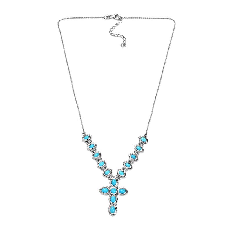 Sleeping Beauty Turquoise Cross Necklace 18 Inches in Platinum Over Sterling Silver 8.75 ctw