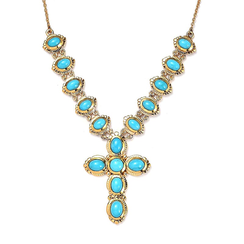 Sleeping Beauty Turquoise Cross Necklace 18 Inches in Vermeil Yellow Gold Over Sterling Silver 8.75 ctw