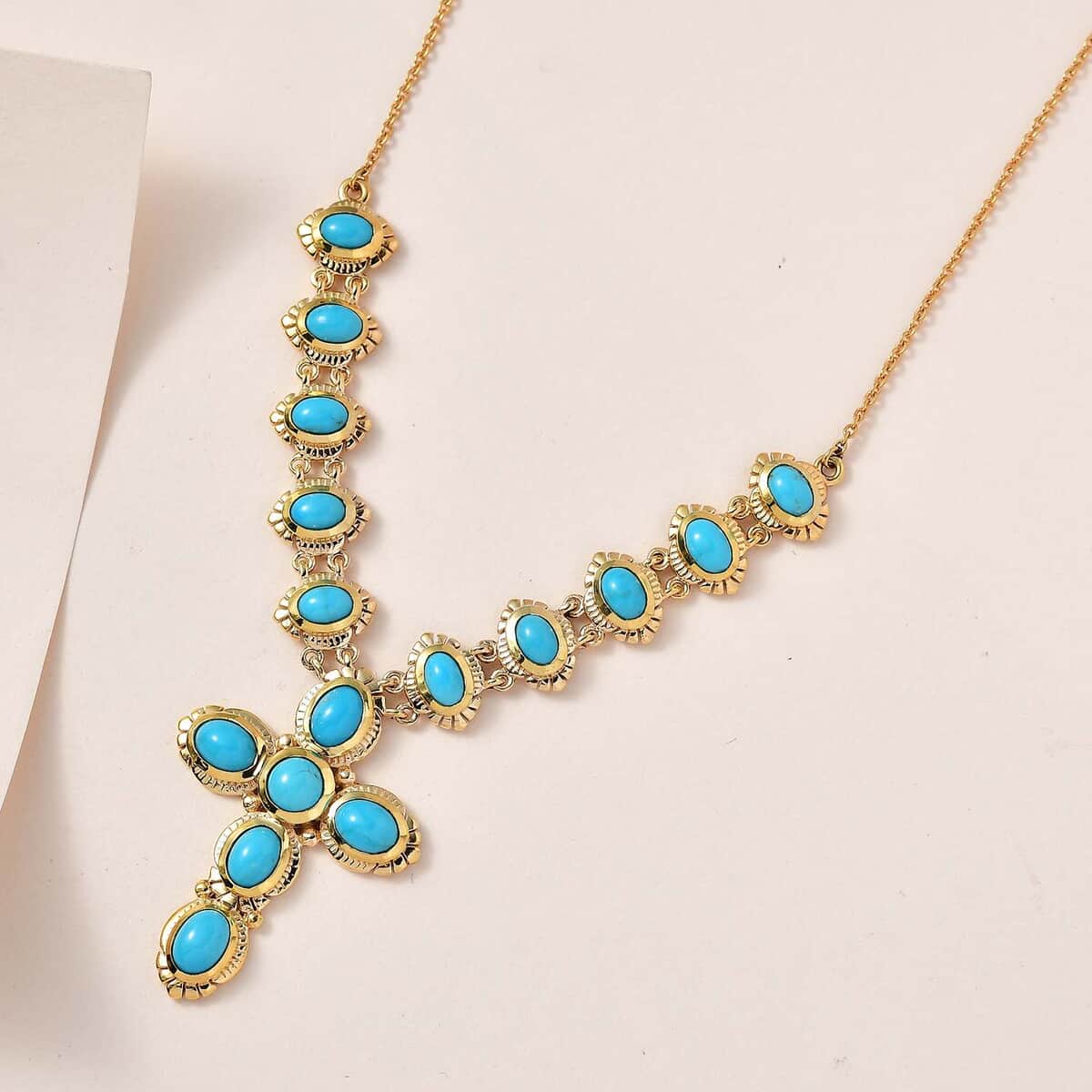 Sleeping Beauty Turquoise Cross Necklace 18 Inches in Vermeil Yellow Gold Over Sterling Silver 8.75 ctw image number 1