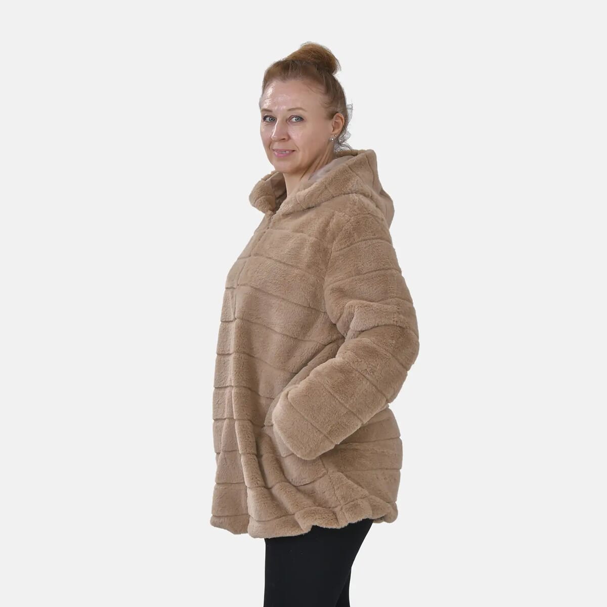 Tamsy Khaki Stripe Embossed Hooded Faux Fur Coat - XXL/XXXL image number 2