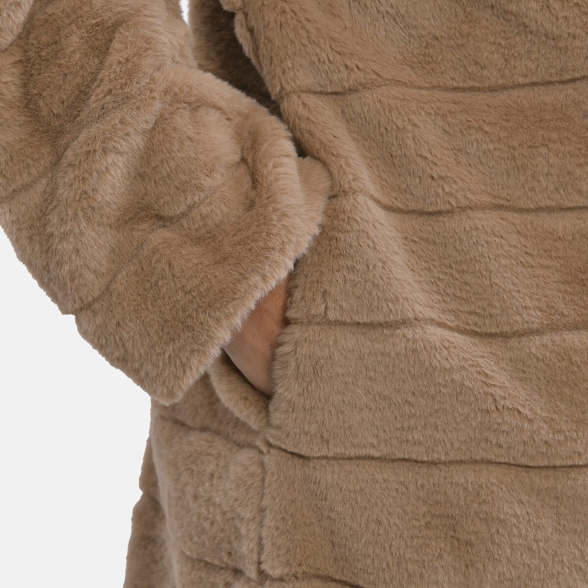 Tamsy Khaki Stripe Embossed Hooded Faux Fur Coat - XXL/XXXL image number 7