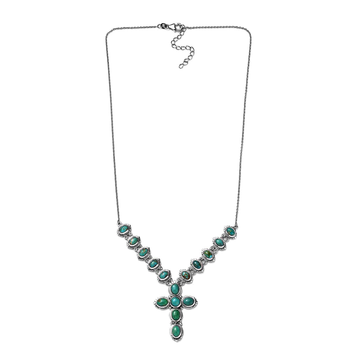 Nevada Turquoise Cross Necklace 18 Inches in Platinum Over Sterling Silver 10.00 ctw image number 3