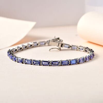 Tanzanite and Moissanite Tennis Bracelet in Platinum Over Sterling Silver (6.50 In) 7.30 ctw