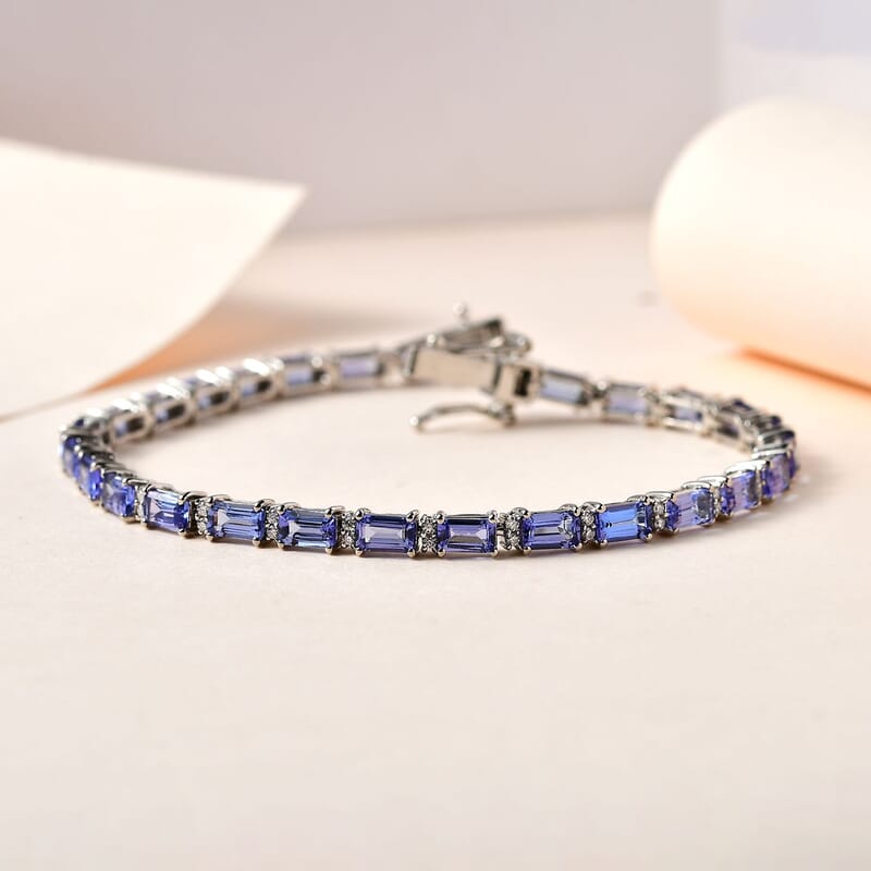 Tanzanite and Moissanite Tennis Bracelet in Platinum Over Sterling Silver (6.50 In) 7.30 ctw