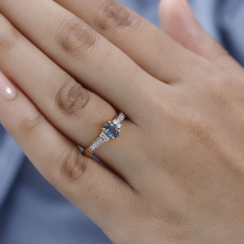 AAA Natural Australian Sapphire and Moissanite Ring in Vermeil Yellow Gold Over Sterling Silver (Size 10.0) 0.65 ctw