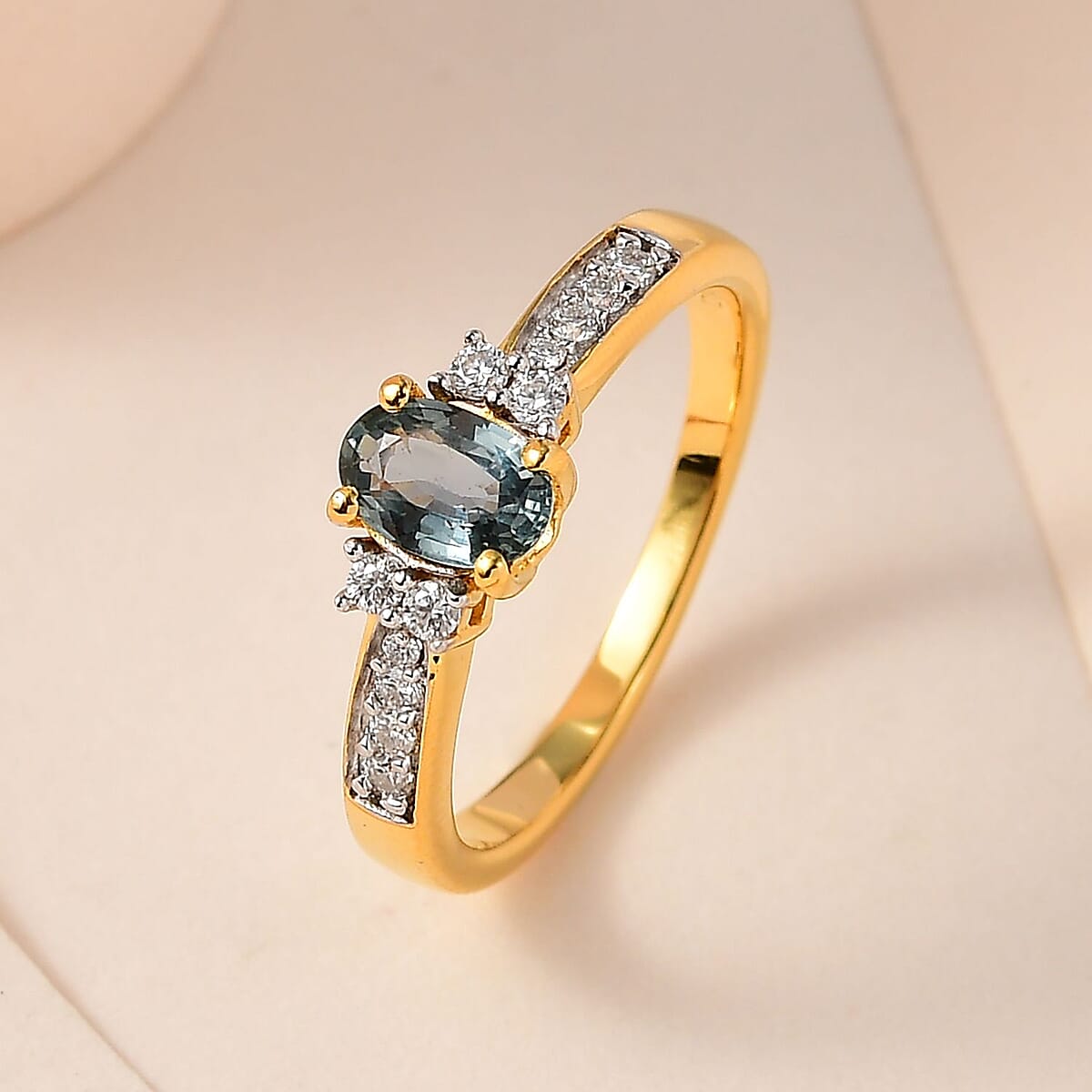AAA Natural Australian Sapphire and Moissanite Ring in Vermeil Yellow Gold Over Sterling Silver (Size 5.0) 0.65 ctw image number 1