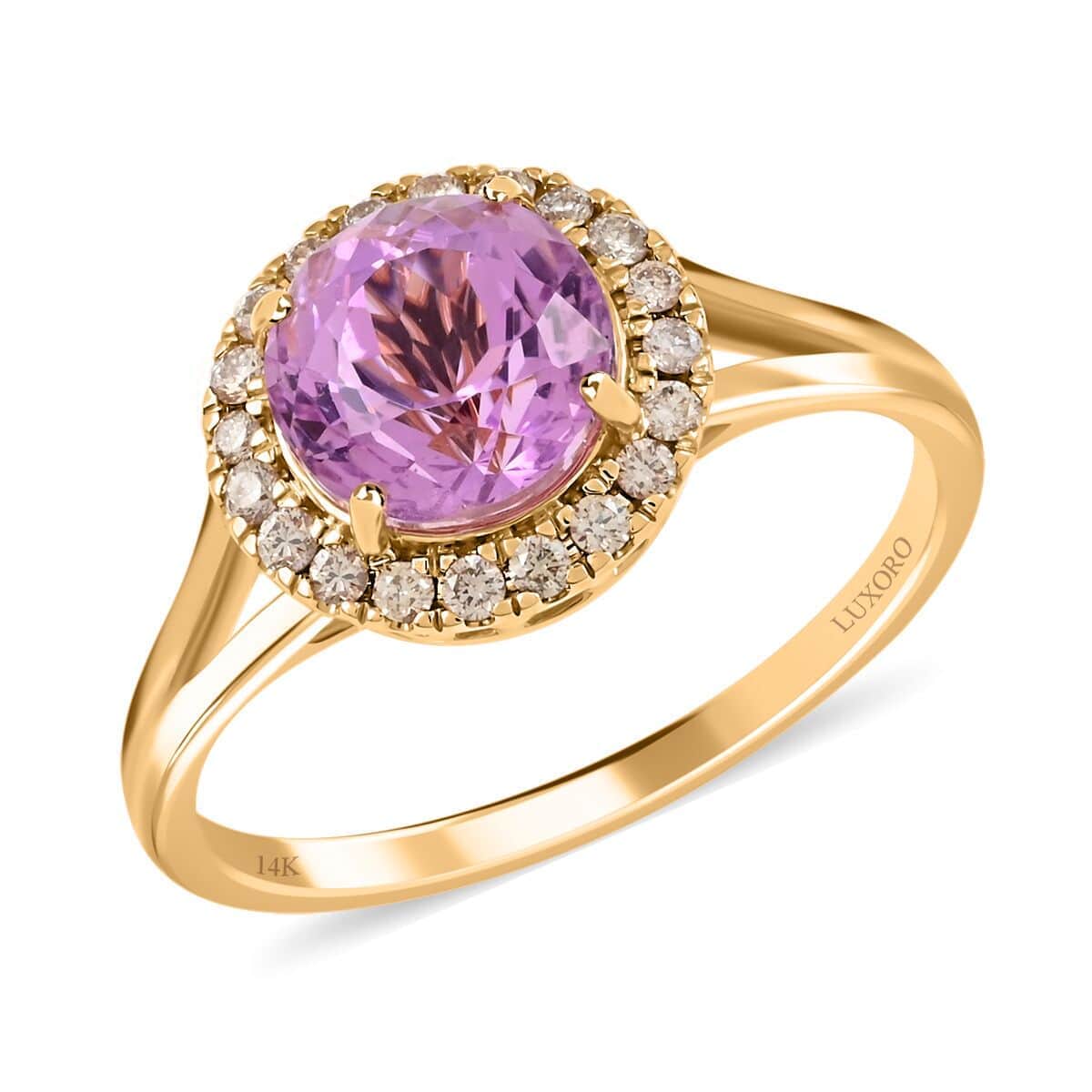 Certified & Appraised Luxoro 14K Yellow Gold AAA Patroke Kunzite and G-H I2 White Diamond Halo Ring (Size 10.0) 2.85 ctw image number 0