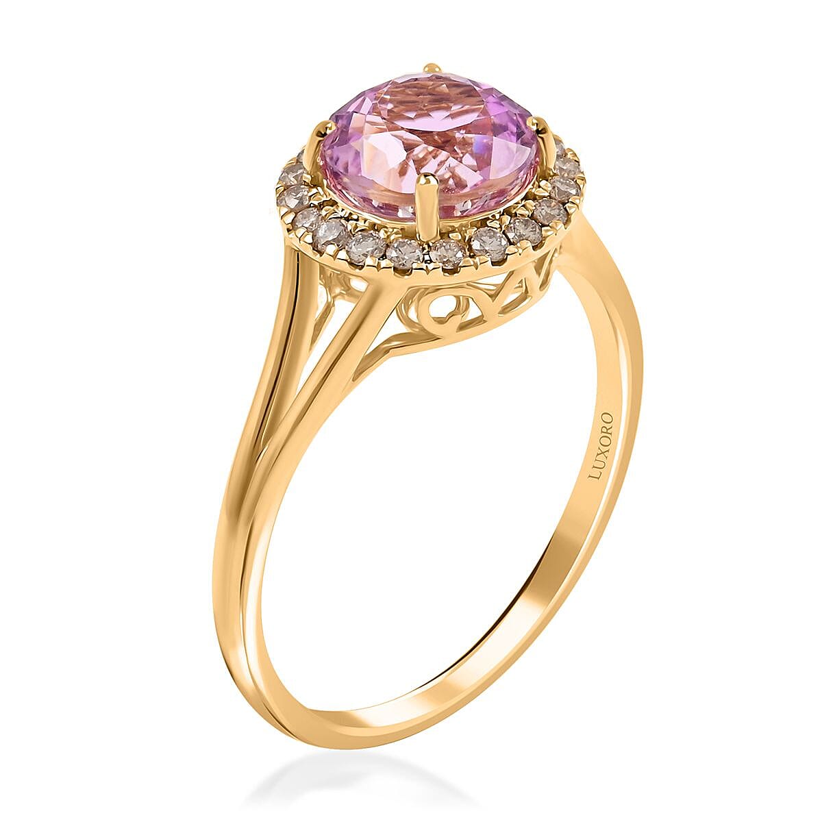 Certified & Appraised Luxoro 14K Yellow Gold AAA Patroke Kunzite and G-H I2 White Diamond Halo Ring (Size 9.0) 2.85 ctw image number 3