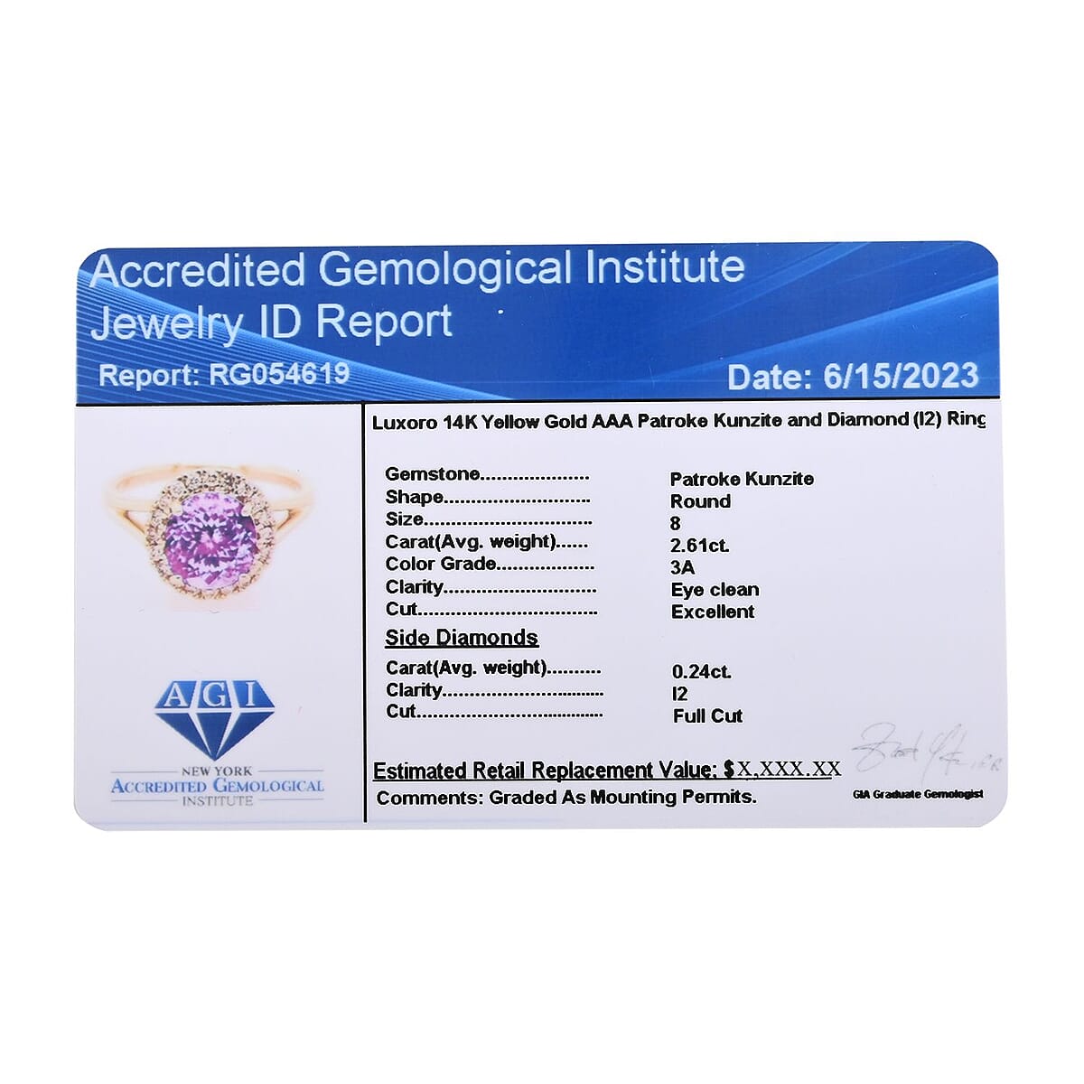 Certified & Appraised Luxoro 14K Yellow Gold AAA Patroke Kunzite and G-H I2 White Diamond Halo Ring (Size 9.0) 2.85 ctw image number 6