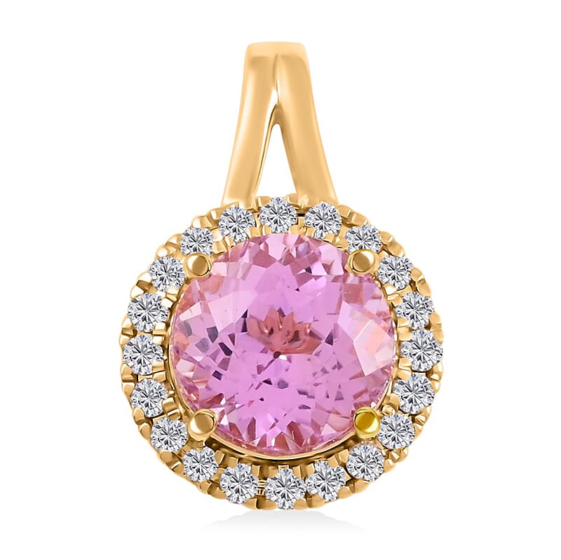 Certified & Appraised Luxoro 14K Yellow Gold AAA Patroke Kunzite and G-H I2 White Diamond Halo Pendant without Chain (Size 7.0) 2.85 ctw