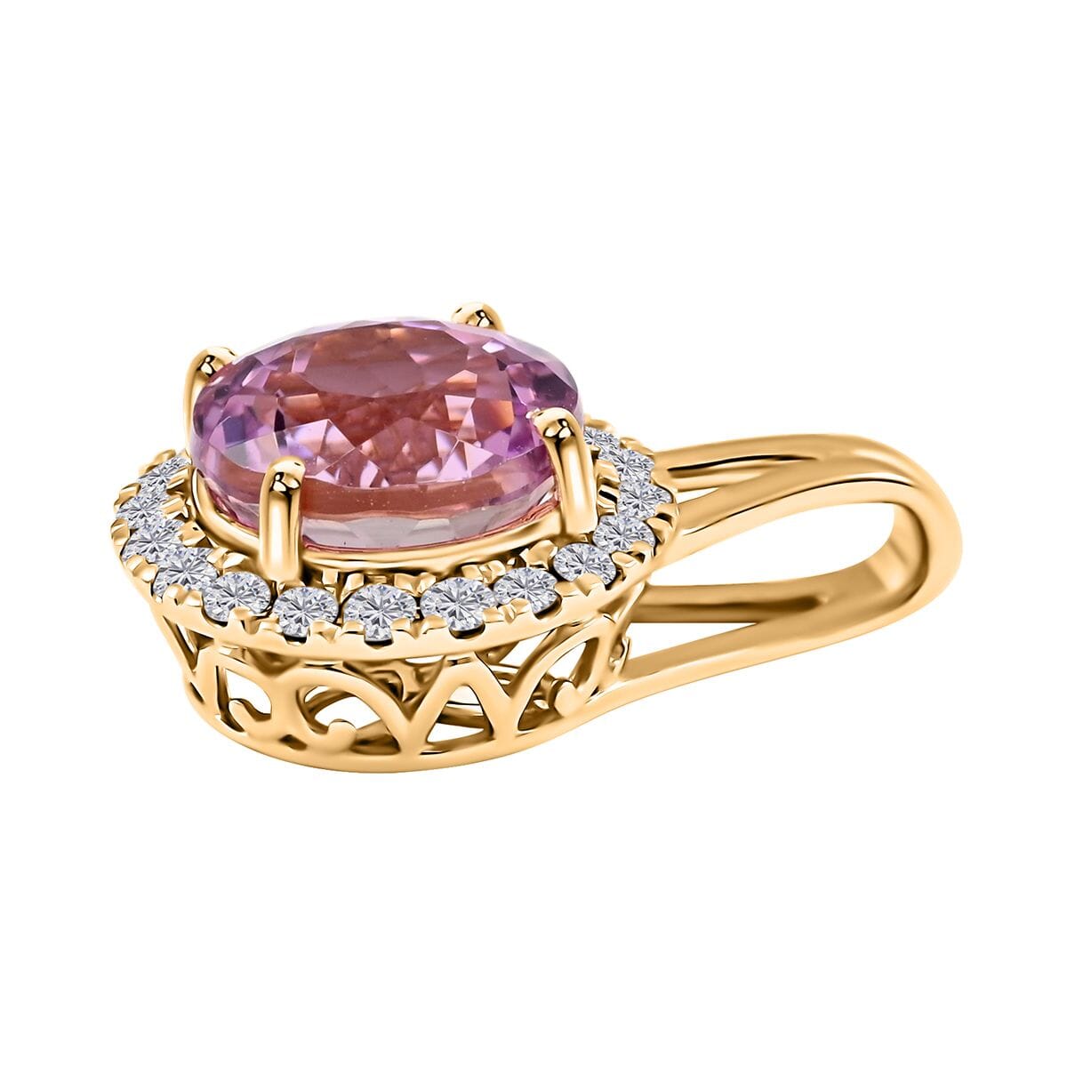 Certified & Appraised Luxoro 14K Yellow Gold AAA Patroke Kunzite and G-H I2 White Diamond Halo Pendant without Chain (Size 7.0) 2.85 ctw image number 3