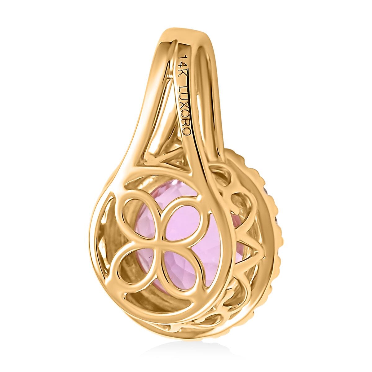 Certified & Appraised Luxoro 14K Yellow Gold AAA Patroke Kunzite and G-H I2 White Diamond Halo Pendant without Chain (Size 7.0) 2.85 ctw image number 4