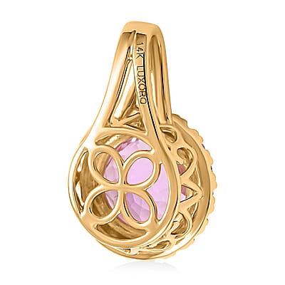Certified & Appraised Luxoro 14K Yellow Gold AAA Patroke Kunzite and G-H I2 White Diamond Halo Pendant without Chain (Size 7.0) 2.85 ctw