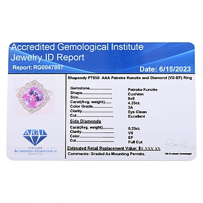 Certified & Appraised Rhapsody 950 Platinum AAA Patroke Kunzite and E-F VS Diamond Floral Ring (Size 10.0) 5.90 Grams 4.50 ctw