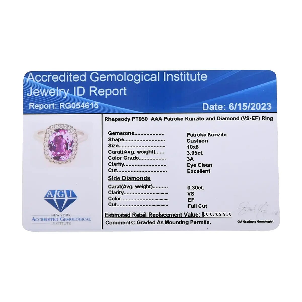 Certified & Appraised Rhapsody 950 Platinum AAA Patroke Kunzite and E-F VS Diamond Halo Ring (Size 8.0) 5.85 Grams 4.25 ctw image number 7