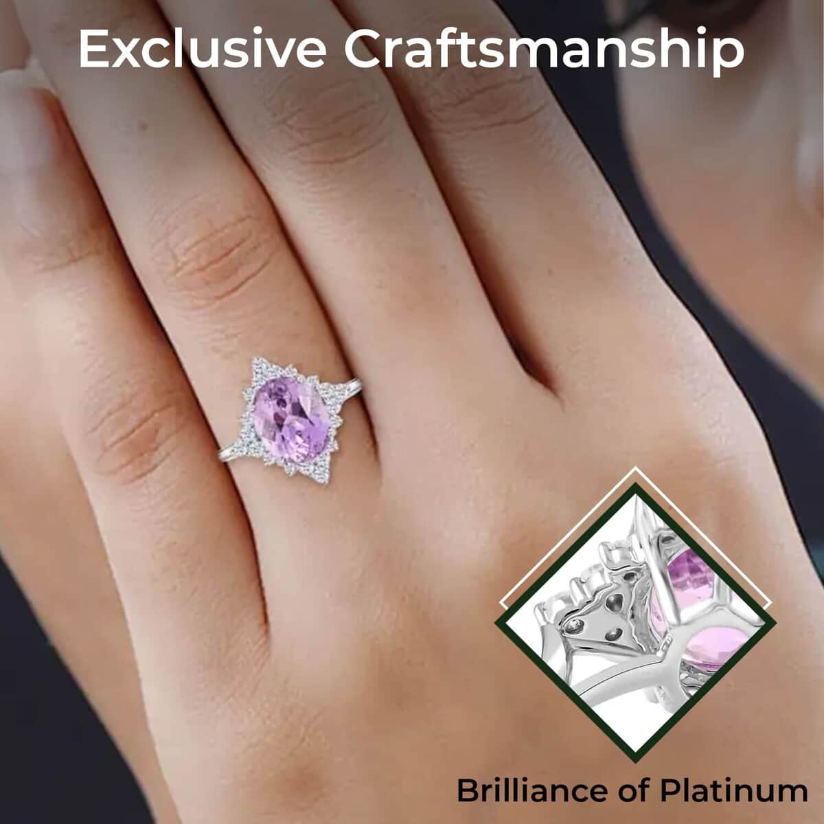 Rhapsody Certified & Appraised AAA Patroke Kunzite Ring,  E-F VS Diamond Accent Ring, 950 Platinum Ring, Pink Wedding Ring For Her 6.15 Grams 5.25 ctw image number 2