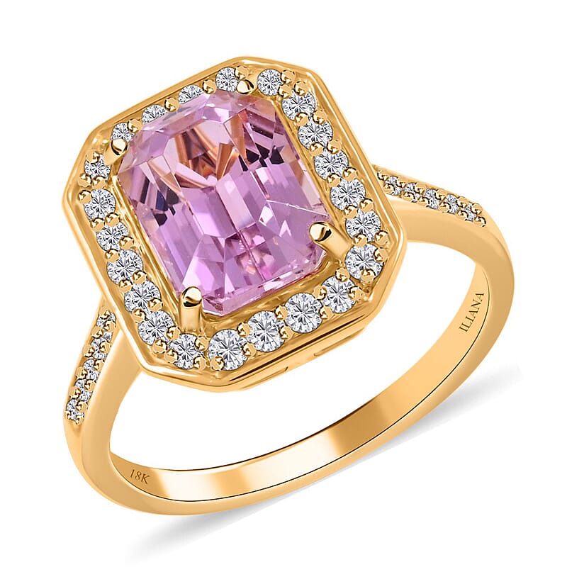Certified & Appraised Iliana 18K Yellow Gold AAA Patroke Kunzite and G-H SI Diamond Halo Ring (Size 10.0) 4.70 Grams 3.30 ctw