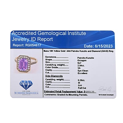 Certified & Appraised Iliana 18K Yellow Gold AAA Patroke Kunzite and G-H SI Diamond Halo Ring (Size 10.0) 4.70 Grams 3.30 ctw