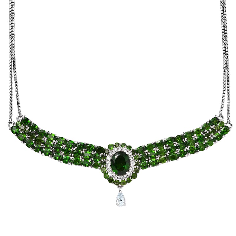 Chrome Diopside and Multi Gemstone Necklace 18 Inches in Platinum Over Sterling Silver 15.50 ctw