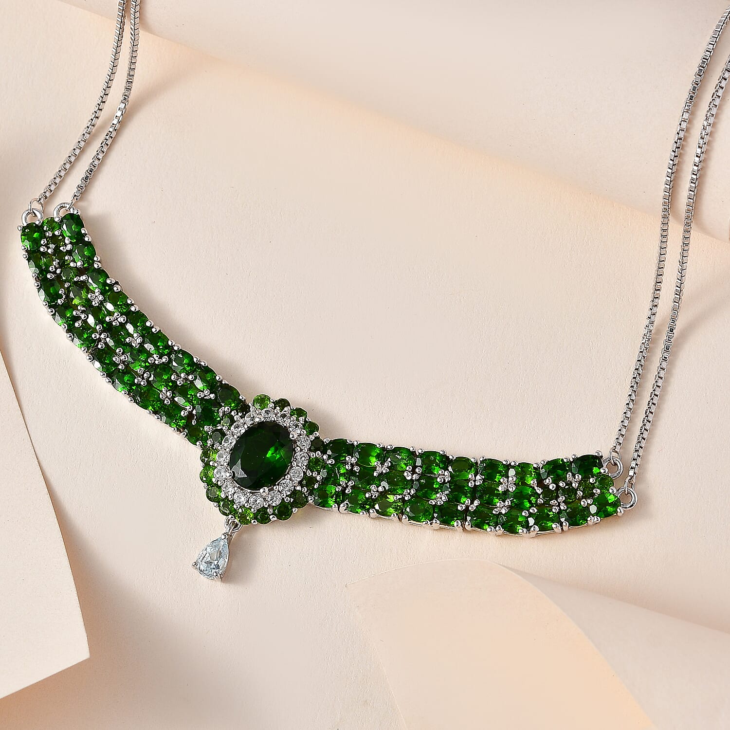 Chrome Diopside and Multi Gemstone Necklace 18 Inches in Platinum Over Sterling Silver 15.50 ctw