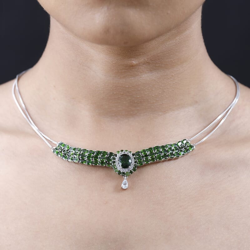 Chrome Diopside and Multi Gemstone Necklace 18 Inches in Platinum Over Sterling Silver 15.50 ctw