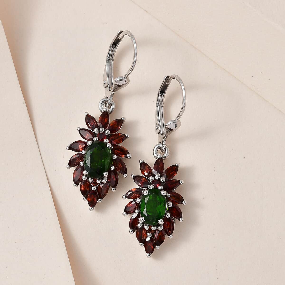 Chrome Diopside and Mozambique Garnet Lever Back Earrings in Platinum Over Sterling Silver 3.90 ctw image number 1