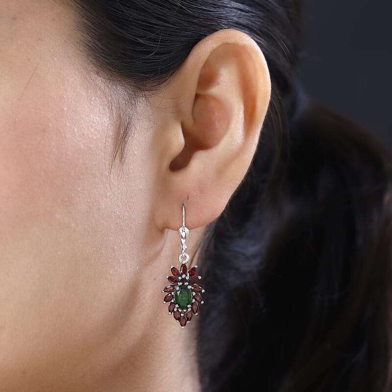 Chrome Diopside and Mozambique Garnet Lever Back Earrings in Platinum Over Sterling Silver 3.90 ctw