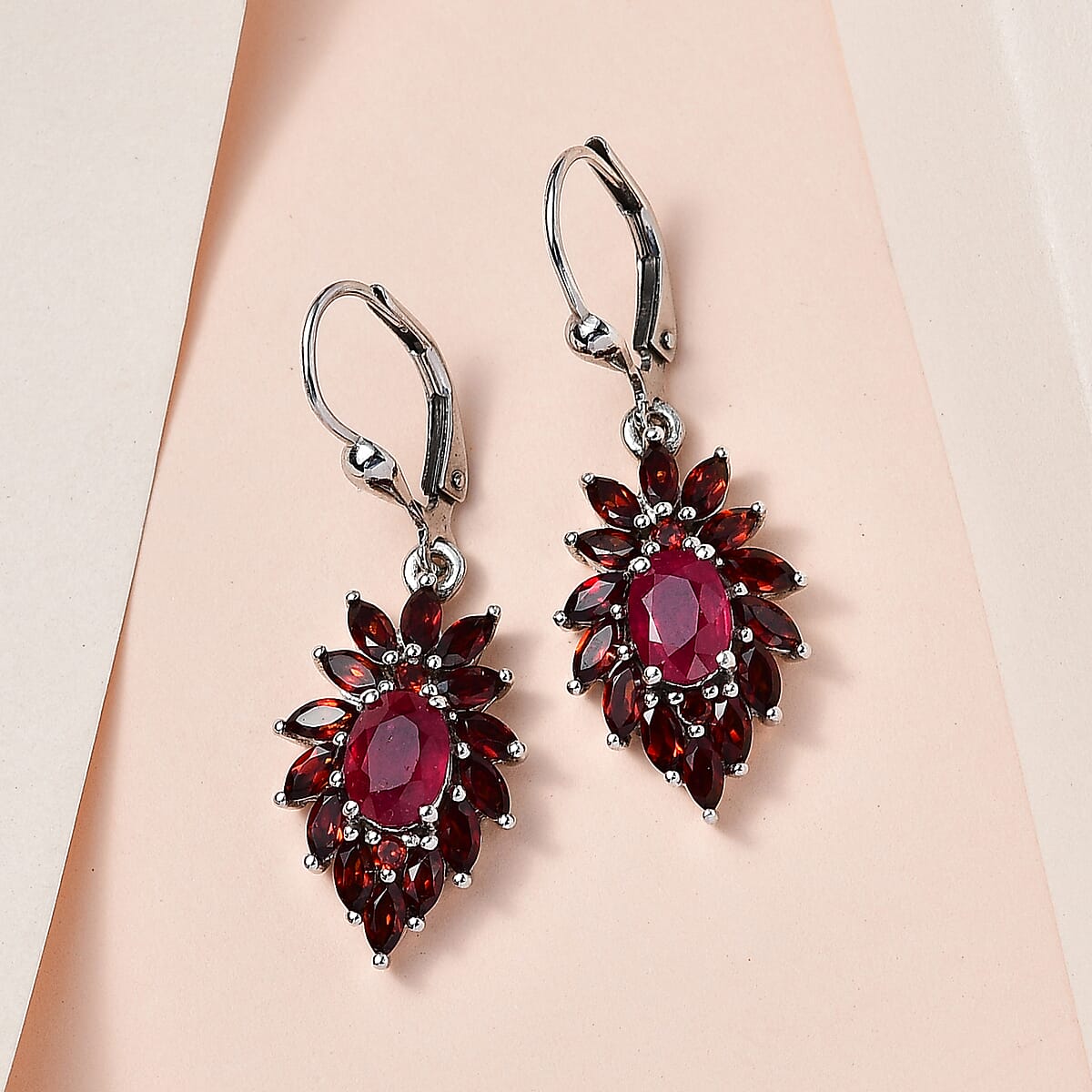 Niassa Ruby (FF) and Mozambique Garnet Lever Back Earrings in Platinum Over Sterling Silver 5.50 ctw image number 1