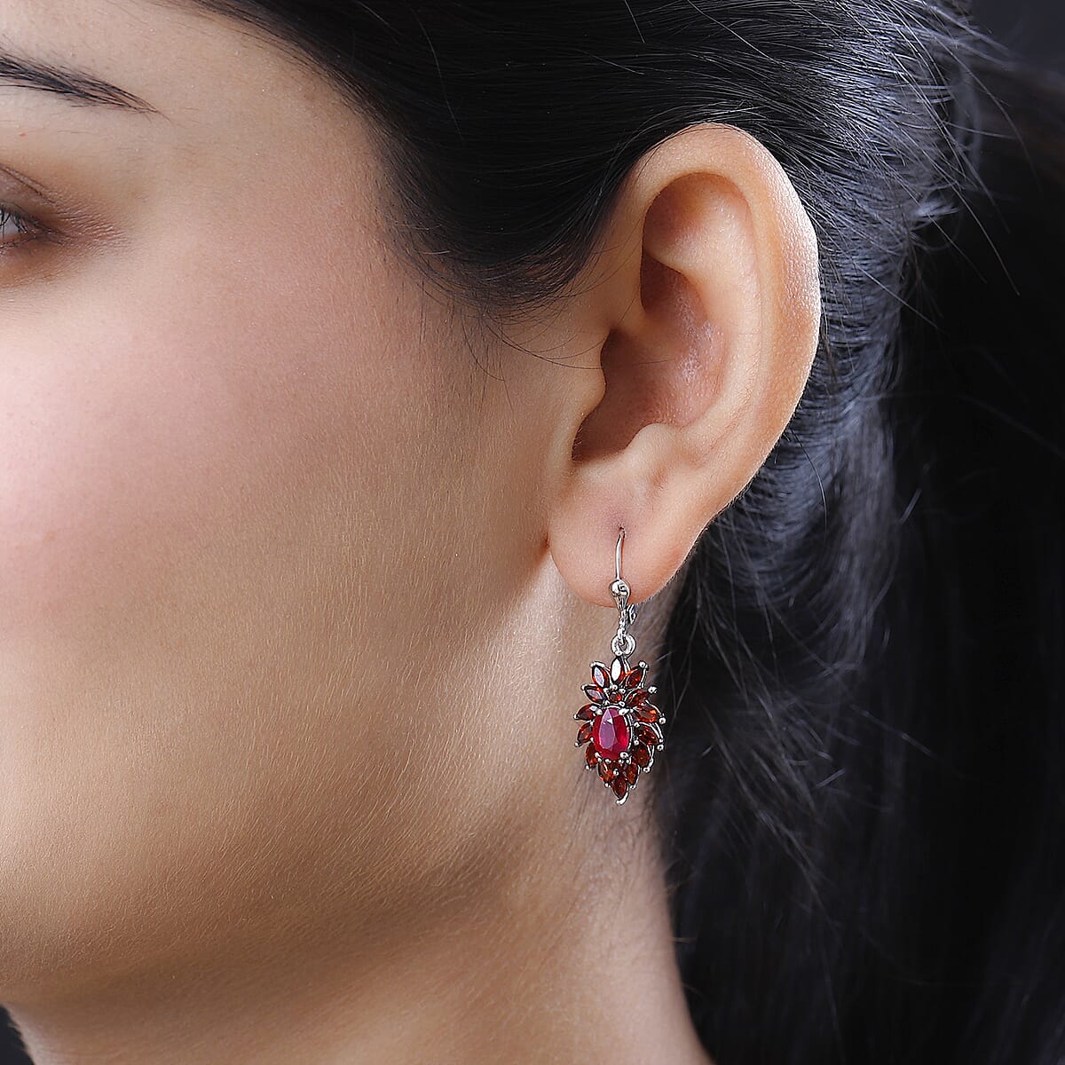 Niassa Ruby (FF) and Mozambique Garnet Lever Back Earrings in Platinum Over Sterling Silver 5.50 ctw image number 2