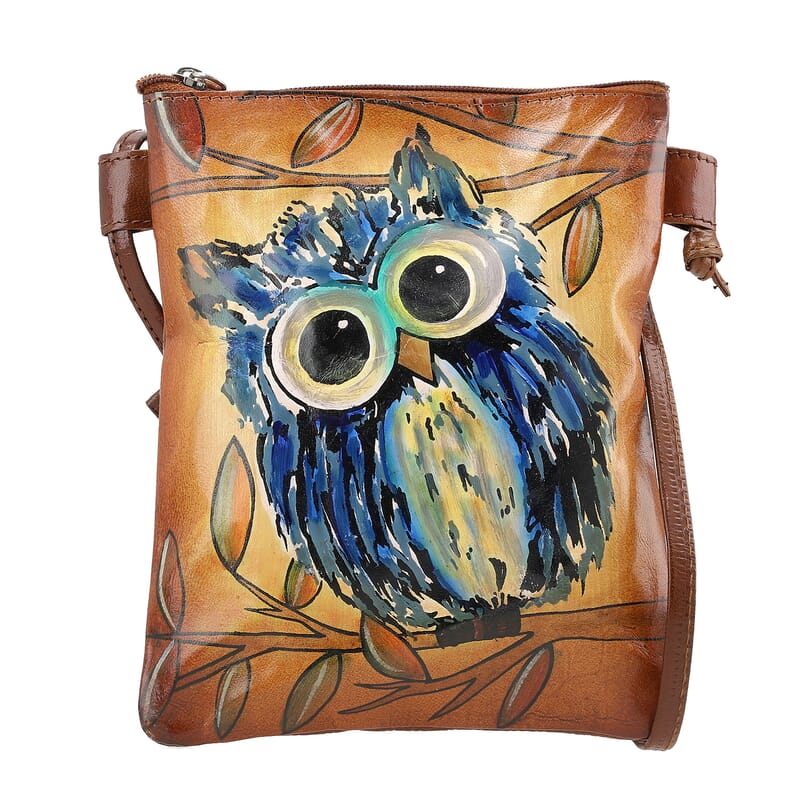 Vivid by Sukriti Owl Pattern Hand Painted Genuine Leather Crossbody Bag