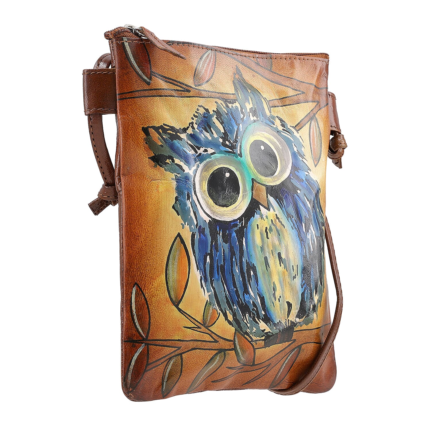 Vivid by Sukriti Owl Pattern Hand Painted Genuine Leather Crossbody Bag