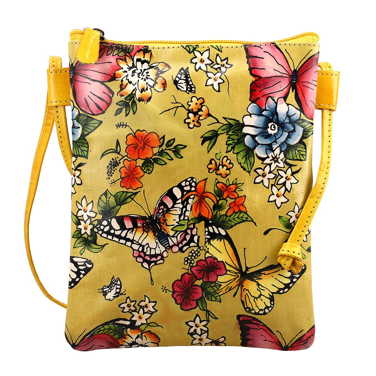 Vivid by Sukriti Yellow Butterfly Pattern Hand Painted Genuine Leather Crossbody Bag image number 0