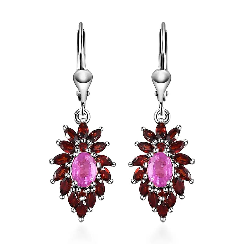 Ilakaka Hot Pink Sapphire (FF) Floral Earrings, Mozambique Garnet Accent Lever Back Earrings, Platinum Over Sterling Silver Earrings 5.35 ctw