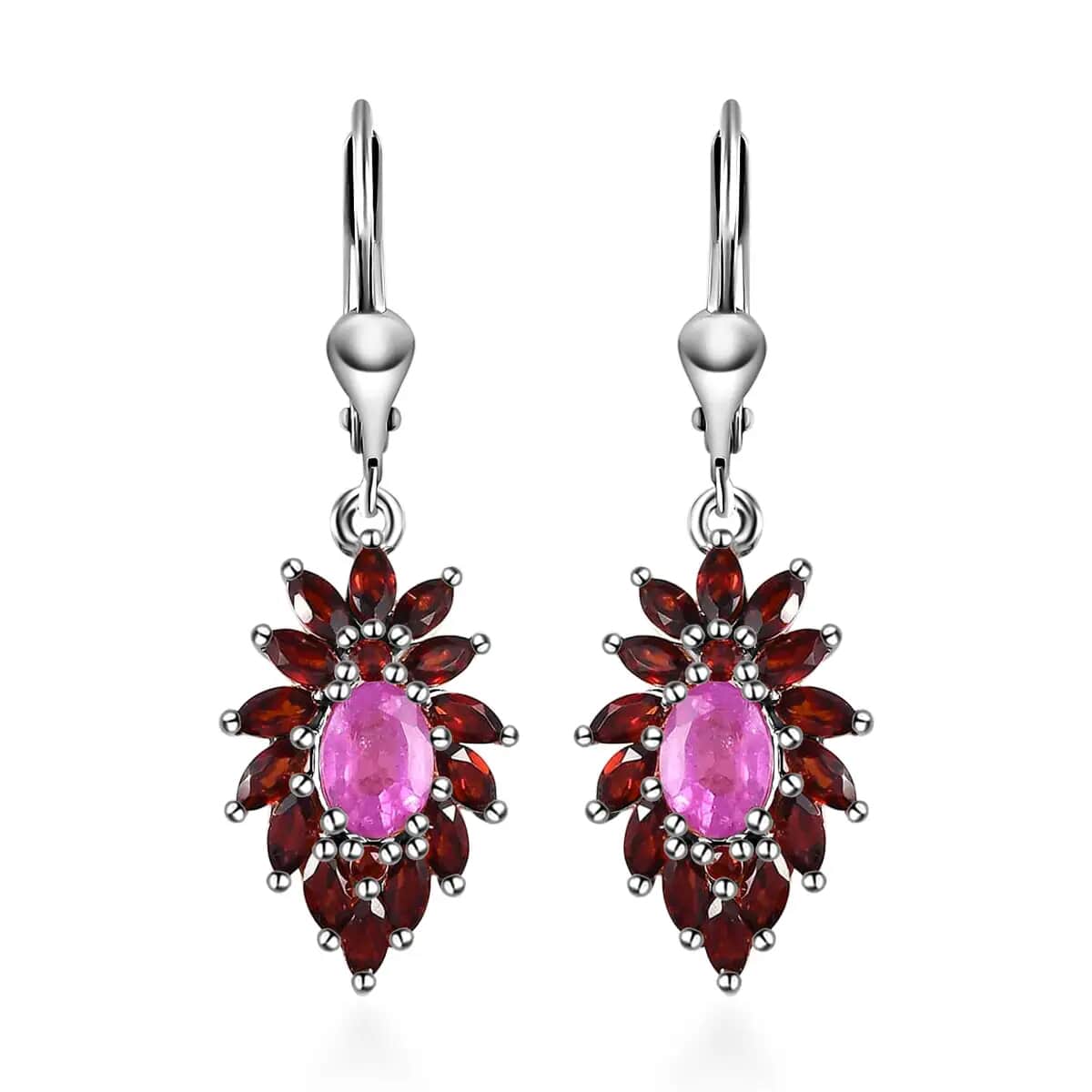 Ilakaka Hot Pink Sapphire (FF) Floral Earrings, Mozambique Garnet Accent Lever Back Earrings, Platinum Over Sterling Silver Earrings 5.35 ctw image number 0