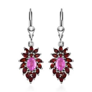 Ilakaka Hot Pink Sapphire (FF) Floral Earrings, Mozambique Garnet Accent Lever Back Earrings, Platinum Over Sterling Silver Earrings 5.35 ctw