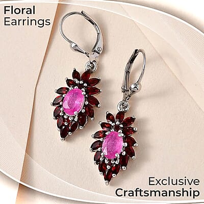 Ilakaka Hot Pink Sapphire (FF) Floral Earrings, Mozambique Garnet Accent Lever Back Earrings, Platinum Over Sterling Silver Earrings 5.35 ctw
