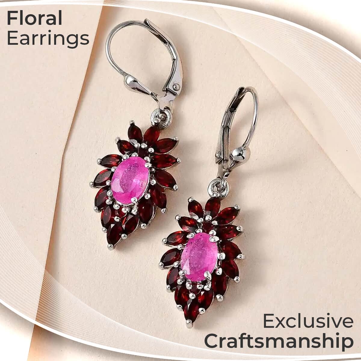 Ilakaka Hot Pink Sapphire (FF) Floral Earrings, Mozambique Garnet Accent Lever Back Earrings, Platinum Over Sterling Silver Earrings 5.35 ctw image number 1