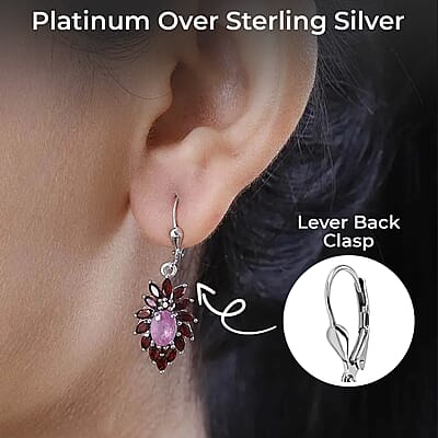 Ilakaka Hot Pink Sapphire (FF) Floral Earrings, Mozambique Garnet Accent Lever Back Earrings, Platinum Over Sterling Silver Earrings 5.35 ctw