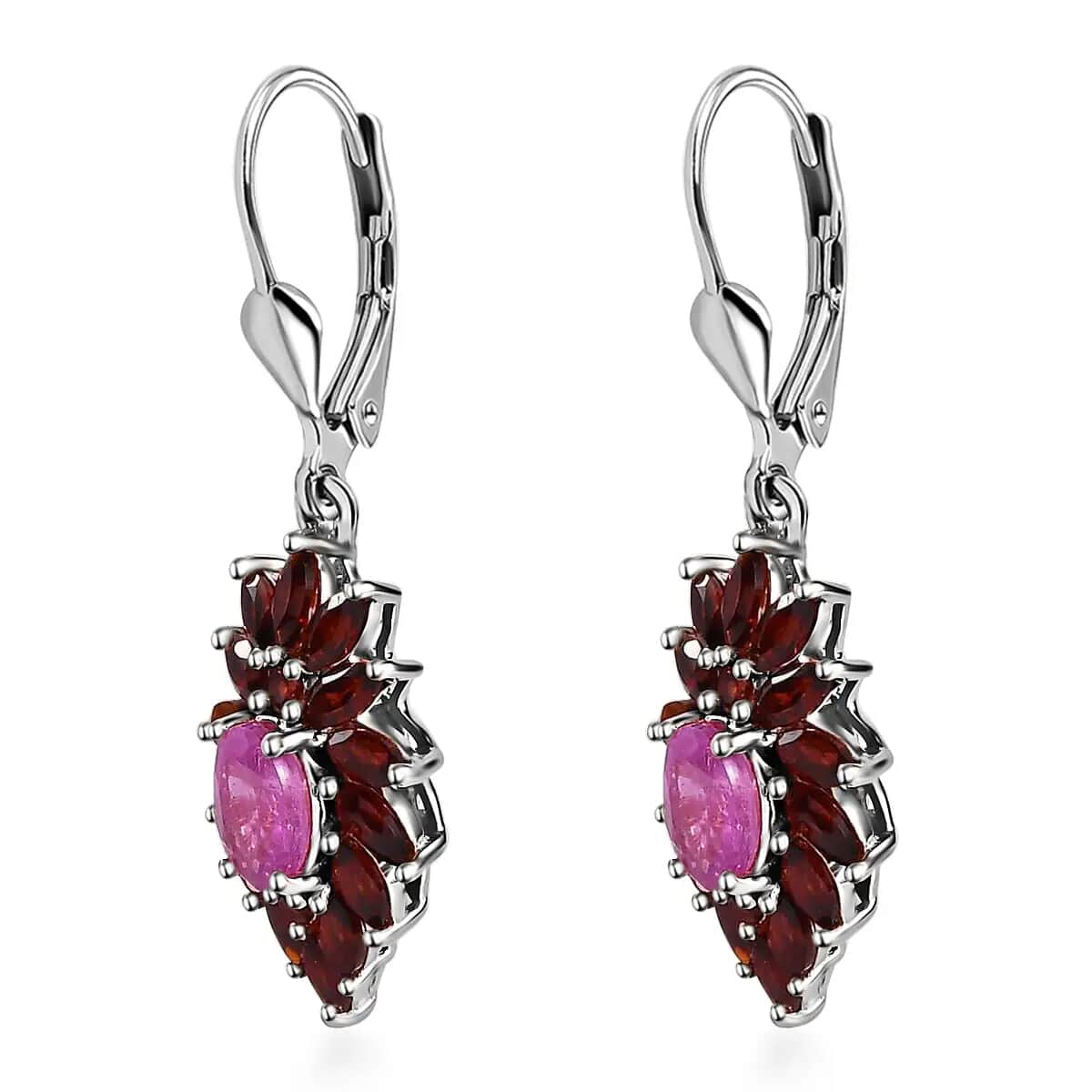 Ilakaka Hot Pink Sapphire (FF) Floral Earrings, Mozambique Garnet Accent Lever Back Earrings, Platinum Over Sterling Silver Earrings 5.35 ctw image number 3