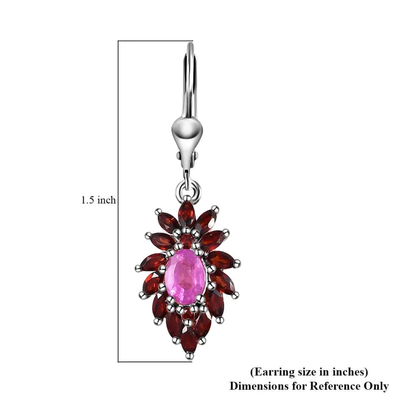 Ilakaka Hot Pink Sapphire (FF) Floral Earrings, Mozambique Garnet Accent Lever Back Earrings, Platinum Over Sterling Silver Earrings 5.35 ctw