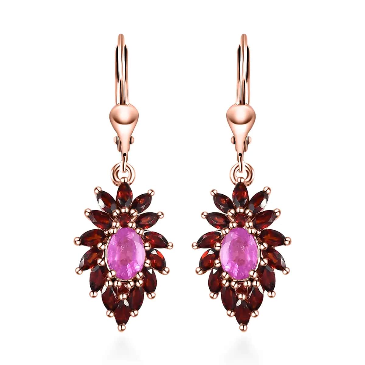 Ilakaka Hot Pink Sapphire (FF) Floral Earrings, Mozambique Garnet Accent Lever Back Earrings, Vermeil Rose Gold Over Sterling Silver Earrings 5.30 ctw image number 0